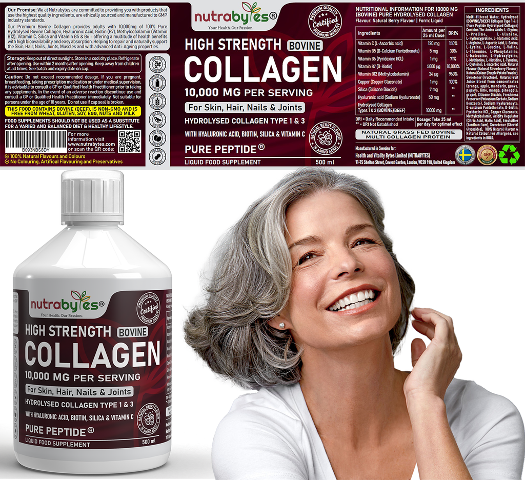 High-Strength Liquid Bovine Collagen Supplement for Women and Men, 10,000 mg Liquid Collagen with Hyaluronic Acid and Vitamin C, 19 Amino Acids, Collagen Types 1 and 3, Berry Flavoured, Halal & Kosher certified