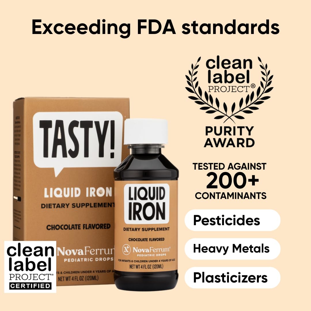 NovaFerrum Tasty | Pediatric Liquid Iron Drops for Infants & Kids (Ages 4 & Under) – 15 mg/mL, Chocolate Flavor, Gluten Free, Sugar Free | 120 Servings